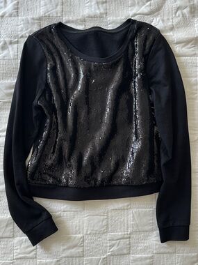 Black Sequin Front Long-Sleeve Women's Top